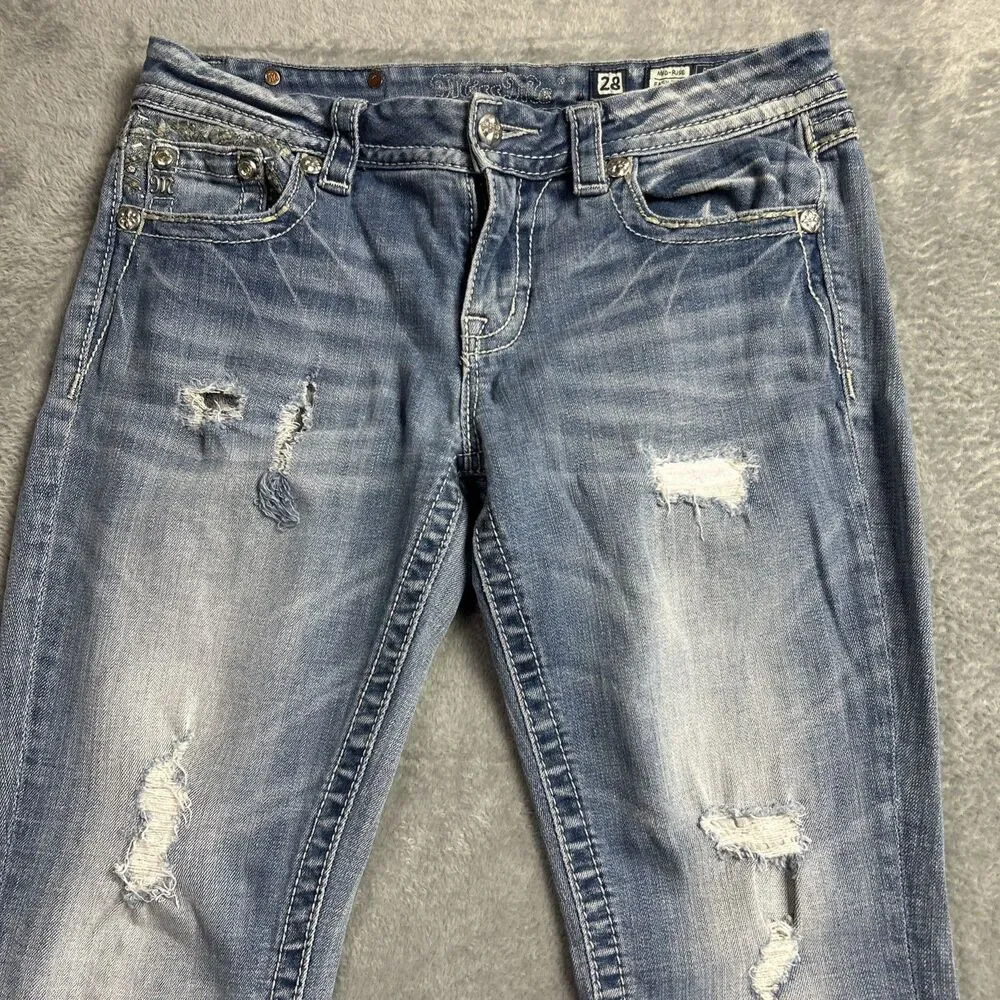 Miss Me Womens Jeans Mid Rise Easy Bootcut Embroidered Pocket Sz. 28 Distressed